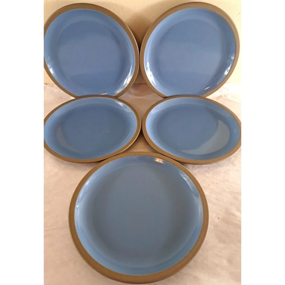 Midwinter Bluestone Salad Plates Set Of 5 Stoneware Blue Tan Minimalist 7.75